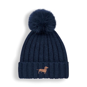 Dachshund Sausage Dog Owner Clothing Gifts, Faux Fur Pom Pom Chunky Knit Super Soft Unisex Embroidered Beanie From The House Of Dog. Blue
