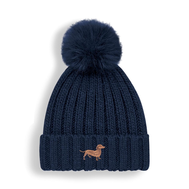 Dachshund Sausage Dog Owner Clothing Gifts, Faux Fur Pom Pom Chunky Knit Super Soft Unisex Embroidered Beanie From The House Of Dog. Blue