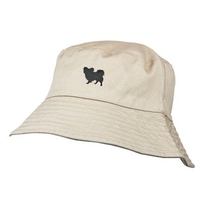 Regalos de ropa para propietarios de Papillon. Sombrero de sol de cubo bordado de algodón chino 100% lavado con forro de algodón blanco de la casa del perro