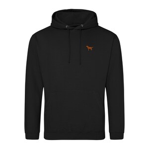 May include: A black hooded sweatshirt with a small orange dog silhouette embroidered on the chest.