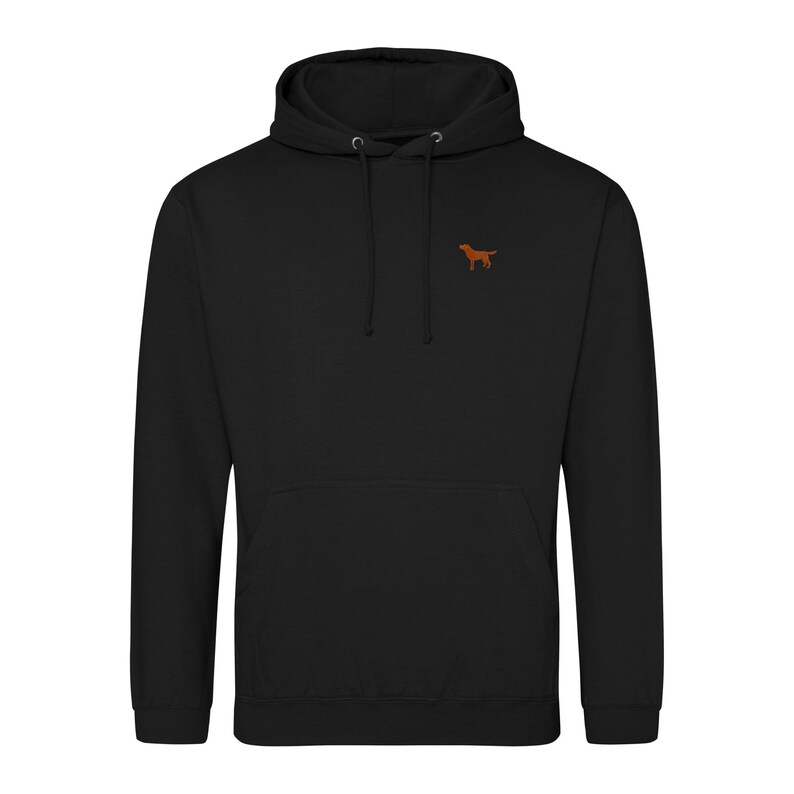 May include: A black hooded sweatshirt with a small orange dog silhouette embroidered on the chest.