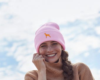 Hungarian vizsla owner clothing gifts. soft knit warm winter beanie ski hat from the house of dog.