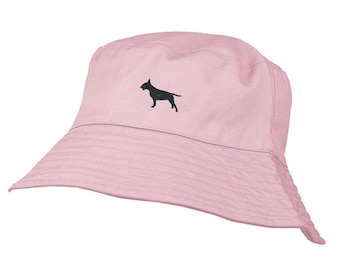 Bull Terrier Owner Clothing Gifts. 100% Washed Chino Cotton Embroidered Bucket Sun Hat With White Cotton Lining From The House Of Dog.