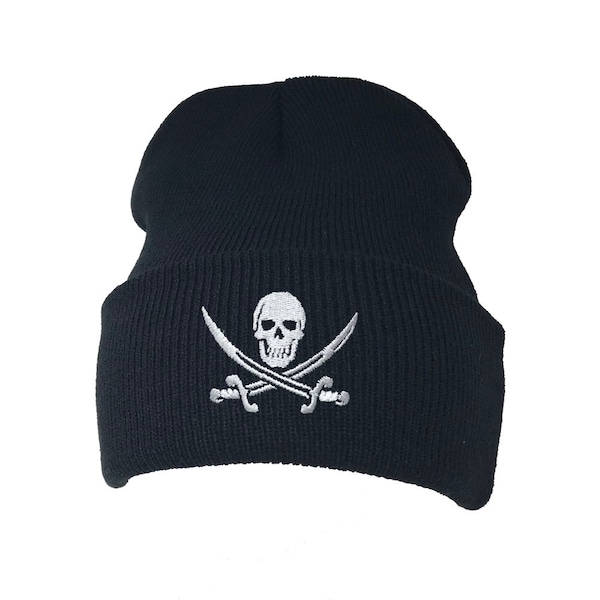 Pirate Skull and Bones Gifts, Knitted Beanie Ski Hat With Embroidered Design. Black