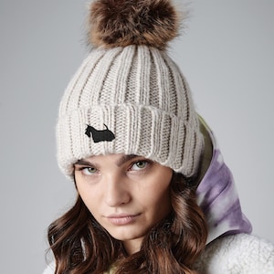 Scottish Terrier Scottie Dog Owner Clothing Gifts, Faux Fur Pom Pom Chunky Knit Super Soft Unisex Embroidered Beanie From The House Of Dog.