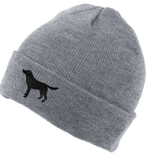 May include: A gray beanie with a black embroidered silhouette of a Labrador Retriever.