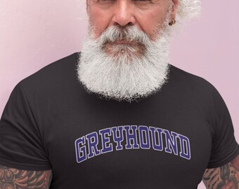 May include: A black t-shirt with a purple arched graphic that says "GREYHOUND".