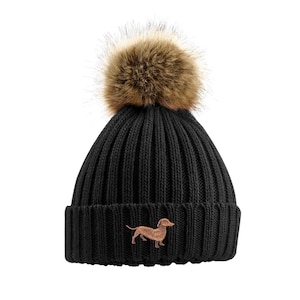 Dachshund Sausage Dog Owner Clothing Gifts, Faux Fur Pom Pom Chunky Knit Super Soft Unisex Embroidered Beanie From The House Of Dog. Black