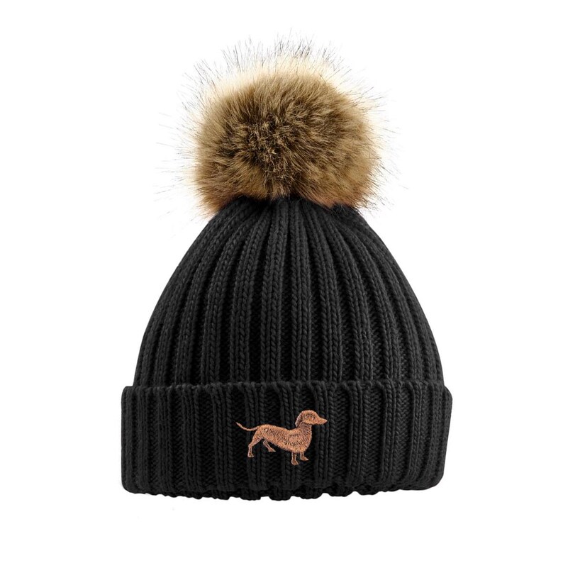 Dachshund Sausage Dog Owner Clothing Gifts, Faux Fur Pom Pom Chunky Knit Super Soft Unisex Embroidered Beanie From The House Of Dog. Black