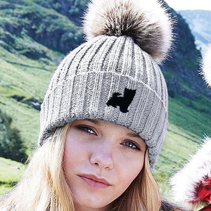 Yorkshire Terrier Silhouette Yorkie Proprietário Roupas Presentes, Gorro bordado unissex de malha grossa de pele sintética Pom Pom super macio.