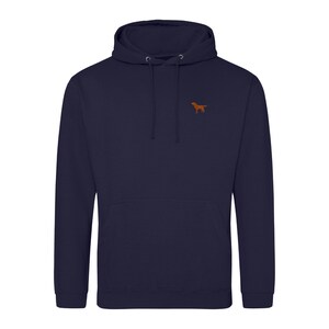 May include: A navy blue hooded sweatshirt with a small brown dog silhouette embroidered on the left chest.