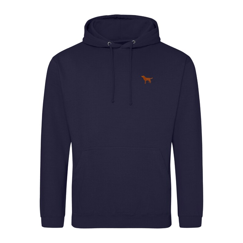 May include: A navy blue hooded sweatshirt with a small brown dog silhouette embroidered on the left chest.