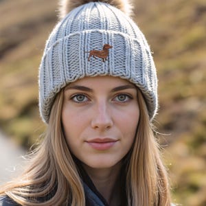 Dachshund Sausage Dog Owner Clothing Gifts, Faux Fur Pom Pom Chunky Knit Super Soft Unisex Embroidered Beanie From The House Of Dog. image 2