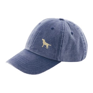 Golden Yellow Labrador Owner Gift. Distressed Vintage Washed 100% Heavyweight Brushed Cotton Embroidered 6 Panel Low Profile Baseball Cap Blue