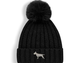 Bull Terrier Owner Gifts, Super Soft Faux Fur Ski Pom Pom Chunky Knit Embroidered Unisex Beanie From The House of Dog