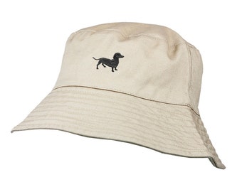 Teckel Noir Daxie Saucisse Chien Propriétaire Cadeaux Vêtements. Chapeau de soleil seau brodé en coton Chino 100% lavé avec doublure en coton blanc.