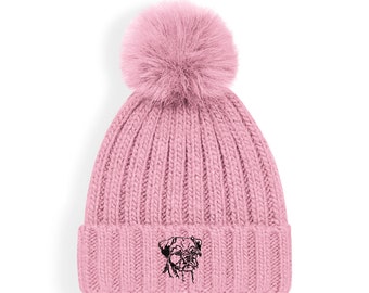 Border Terrier Owner Gifts, Super Soft Faux Fur Ski Pom Pom Chunky Knit Embroidered Unisex Beanie From The House of Dog