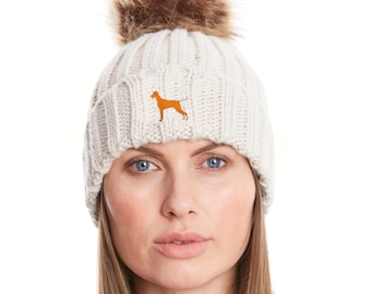 Vizsla Owner Clothing Gifts, Faux Fur Pom Pom Chunky Knit Super Soft Unisex Embroidered Beanie From The House Of Dog.