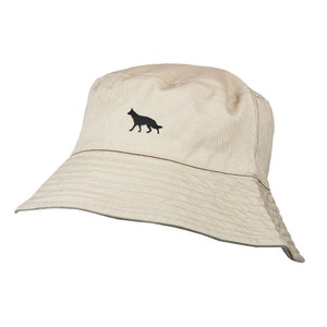 German Shepherd Dog Owner Clothing Gifts. 100% Chino Cotton Embroidered Bucket Sun Hat With White Cotton Lining From The House Of Dog.