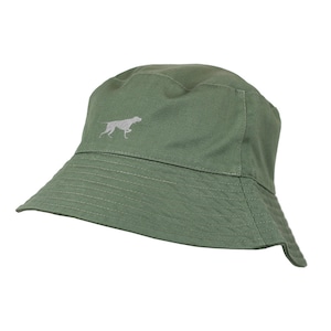 May include: A green bucket hat with a small embroidered dog design on the front.