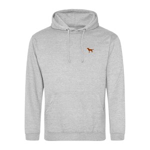 May include: A gray hooded sweatshirt with a small brown dog silhouette embroidered on the chest.