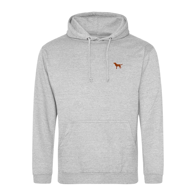 May include: A gray hooded sweatshirt with a small brown dog silhouette embroidered on the chest.