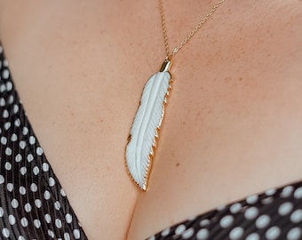 SALE Bohemian Feather Necklace with real carved shell pendant - unique, gypsy, boho, bohemian, gold, beach, ibiza, mermaid, pearls