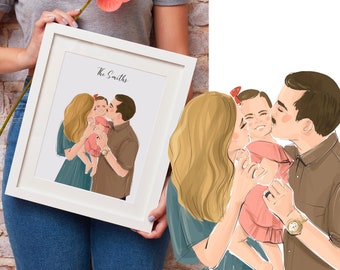 May include: A framed illustration of a family of three. The parents are kissing their child on the cheeks. The child is wearing a pink dress and a red bow. The parents are wearing casual clothing. The frame is white and has the text "The Smiths" at the top.
