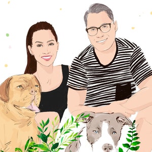 Custom portrait of couple, personalized portrait, drawing from photo, family illustration with pets, wedding gift, wedding portrait