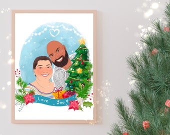 Christmas custom couple portrait, drawing from p hoto, portrait from photo, painting from photo, family portrait illustration