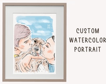 Custom watercolor family portrait, couple portrait, drawing from photo, family illustration with pets, painting from photo, family painting