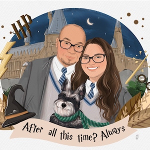 Commission - You as a Witch or Wizard, Couple custom digital portrait dressed as potter, custom wizard school portrait, drawing from photo