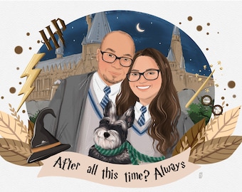 Commission - You as a Witch or Wizard, Couple custom digital portrait dressed as potter, custom wizard school portrait, drawing from photo