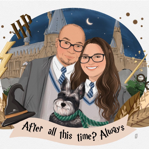 Commission - You as a Witch or Wizard, Couple custom digital portrait dressed as potter, custom wizard school portrait, drawing from photo