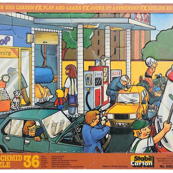 VTG 1970s West German "Repair Shop" Cardboard Puzzle - by F.X. Schmid - 36 Puzzle Pieces - Made in West Germany - (15.25 inch / 38.5 cm)