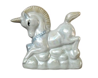 Porcelain Guardian Angel  Unicorn Figurine  1980s  White  Gold Tone Accents  Gift Idea
