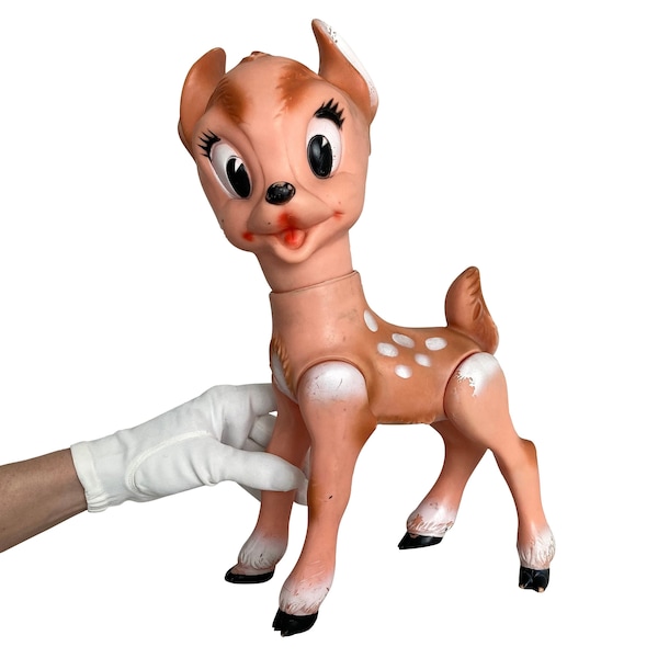 VTG 1960s Large Walt Disney "Bambi" Jointed Squeaky Rubber Toy - Working Squeaker - No markings - (14.25 inch / 36 cm)