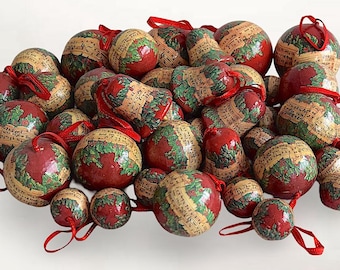VTG 1980s X-mas Set (46) Red "Paper Mâché" Christmas Balls - "Musical Holly" - Christmas Tree Hanging Decoration.