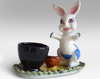 VTG Easter Big Eyed "Bunny" Ceramic Egg Cup - Hand Painted Porcelain Planter - Easter Collectible - (5 inch / 12.5 cm)