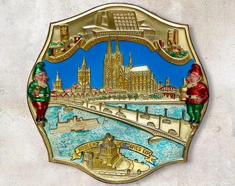 VTG German Hand Painted Pressed Metal Souvenir Wall Plate Of German Sights - Made in Germany - (9 inch / 22.5 cm)