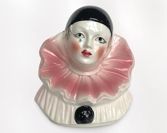 VTG 1980s Italian Modern Pink Ceramic "Pierrot" Clown Bust Figurine Money Bank - Pierrot & Harlequin Collectible - (7.50 inch / 19 cm)
