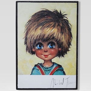 VTG French Parisian Michel Thomas - Big Eye Movement - Big Eye Kids - Doe-Eyed - Print on Wood - Made in Paris France - 1960s - 1970s.