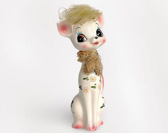 Rare VTG Mid Century Japan Kawaii Big Eyed "Yellow Fluffy Fur Hair Long Neck Deer" Hand Painted Kitsch Ceramic Figurine (10.50 inch / 26 cm)