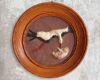 VTG Mid Century "Stork With Baby" Wood Framed Hand Painted Relief Plaster Artwork - Nursery Wall Decor - Artist R.D.M. - (8 inch / 20.5 cm)