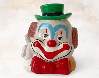 VTG Mid Century "Smiling Clown" Hand Painted Ceramic Head Bust Money Bank - Coin Bank Collectible - Circus Clown - (7 inch / 17.5 cm)
