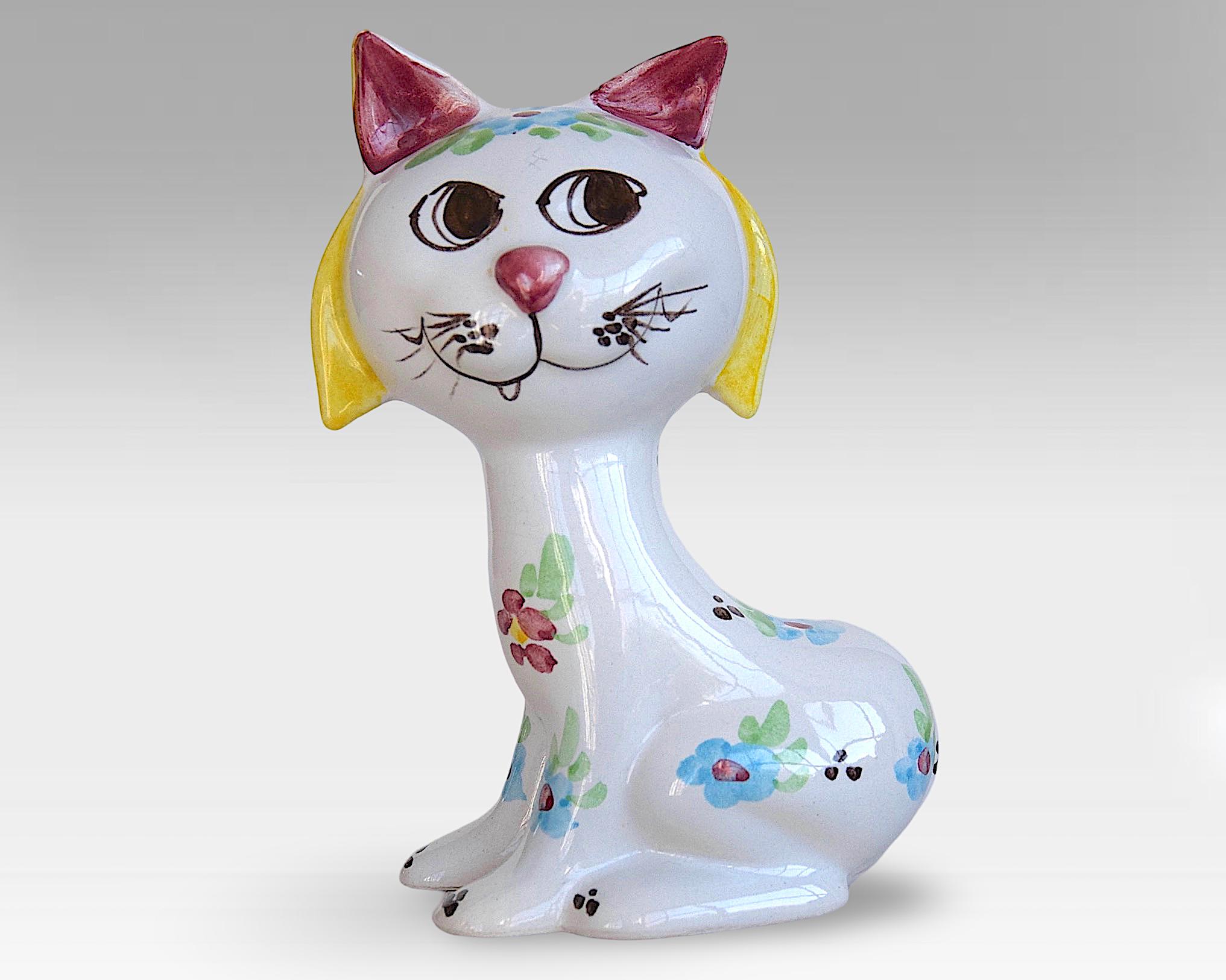 VTG MCM Italian "Quadrifoglio" Hand Painted Big Eyed "Cat" Ceramic Money Coin Bank Animal Figurine - Florence, Italy  - (9 inch / 23 cm)