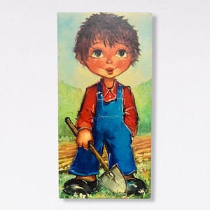 VTG French Sweet Big Eyed &quot;Boy In Garden&quot; Scene - Big Eyed Children - Big Eyed Kids - Print on Wood - Wall Decor - (15.50 inch / 39 cm)