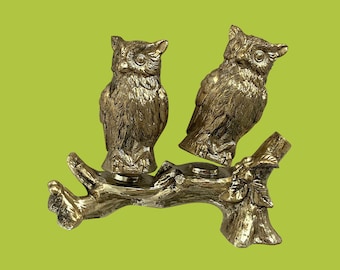 VTG 1980s Japanese "Salt & Pepper" Metal "Owls On Tree Branch" Shakers - (5 inch / 13 cm)