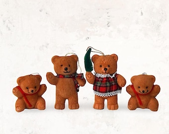 VTG X-mas Set (4) Flocked "Teddy Bear" Plastic Figures - Christmas Tree Hanging Decoration - (3.50 inch / 9 cm)