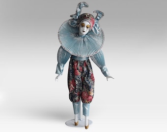 VTG Porcelain Venetian &quot;Harlequin&quot; Doll With Stand - Hand Painted Face - Handmade Costume - Venice Carnival - (19 inch / 48 cm)